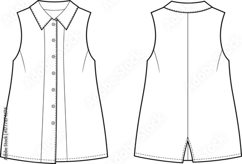 Sleeveless shirt, button-down top, technical sketch, fashion flat, garment design, apparel template, front back view, collar, placket, vent