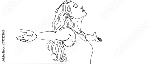 Serene Woman in Continuous Line Art, Reaching Upward in Liberation