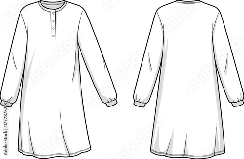 Women's tunic technical sketch, long sleeve top, round neck, button placket, gathered cuff, fashion flat, front and back view