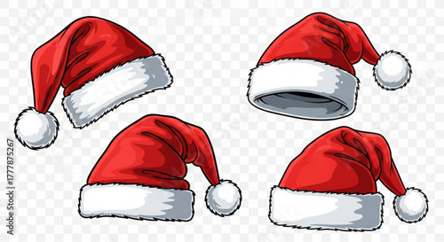 A festive assortment of Santa hats, red with white trim, playfully arranged to evoke the joyful spirit of the holiday season, embodying the anticipation and cheer of Christmas. vector illustration
