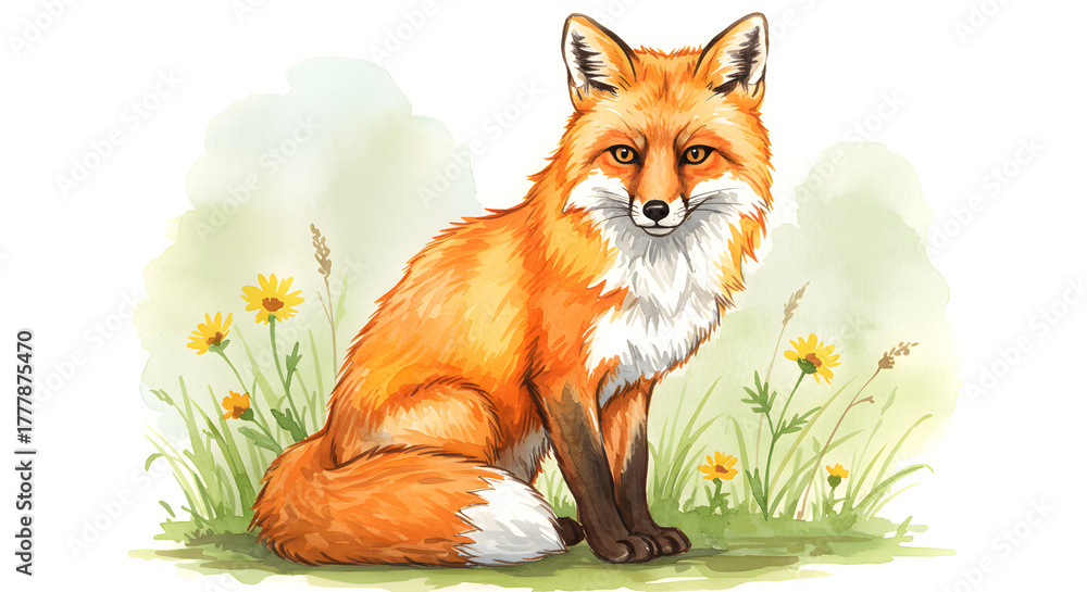Fototapeta premium Beautiful stock illustration with hand drawn watercolor wild fox animal