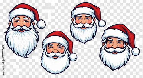 Santa Claus portrait collection showcasing various expressions and appearances of the jolly figure, captured with colorful digital art. vector illustration