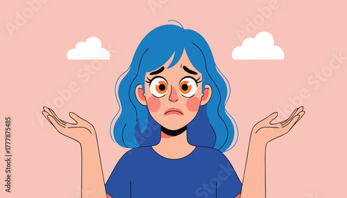 A confused young woman with blue hair shrugs her shoulders with a worried expression, surrounded by clouds