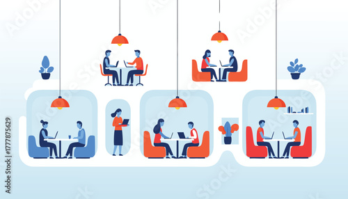 Modern coworking space with people working on laptops in individual pods and at tables, illustrating collaboration and remote work