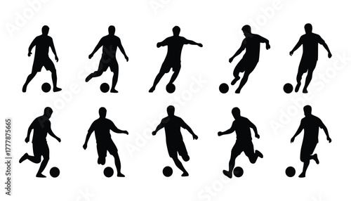Collection of black soccer player silhouettes in various action poses, isolated on a