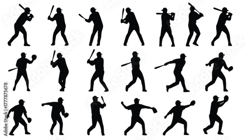 Collection of baseball player silhouettes in various action poses