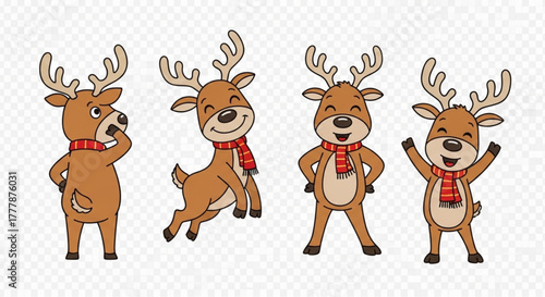 A charming collection of animated reindeer, each with their own unique pose and expressive demeanor, adorned with festive scarves. vector illustration