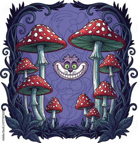 Mystical Cheshire Cat Smiling Face with Magic Toadstools and Forest Foliage