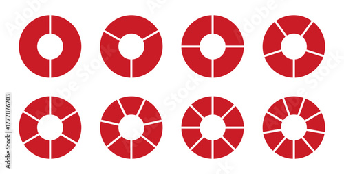 Red wheel round divided diagrams with two, three, four, five, six, seven, eight, nine segments. Circle division on 2, 3, 4, 5, 6, 7, 8, 9 equal parts. Coaching blank. Infographic set. 