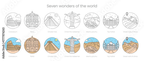 Seven Wonders of the World Vector Line art illustration Set