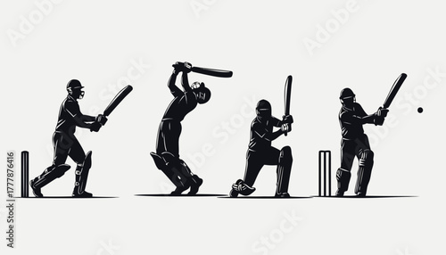 Silhouette of a cricket player in various batting poses