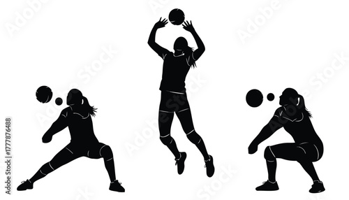 Silhouette of female volleyball player in action, serving, jumping, and receiving