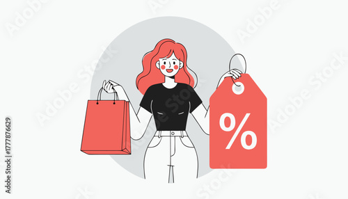 Woman with shopping bag and discount tag, representing sales and promotions