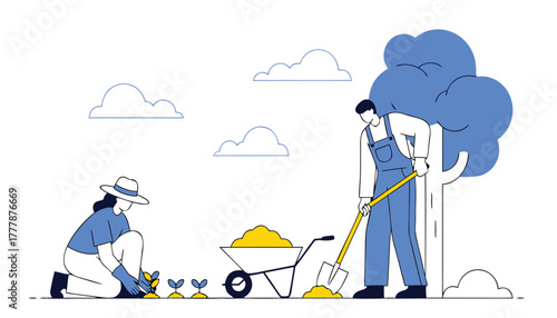 Two people gardening, planting seedlings and using a wheelbarrow with soil, with a large tree and clouds in the background