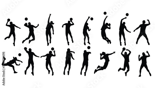 Collection of volleyball player silhouettes in various action poses