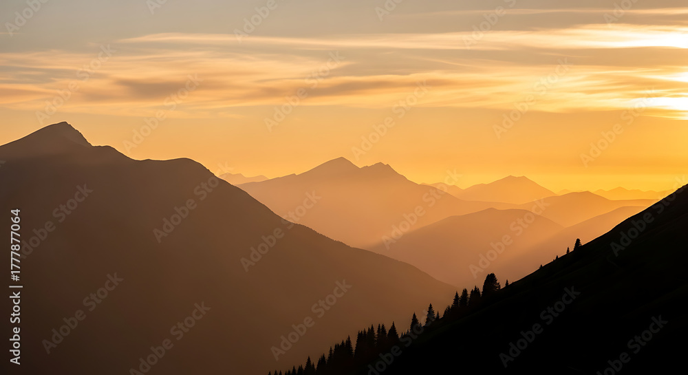 Fototapeta premium Golden hour illuminates mountain range silhouette with trees and a hazy sky in the distance
