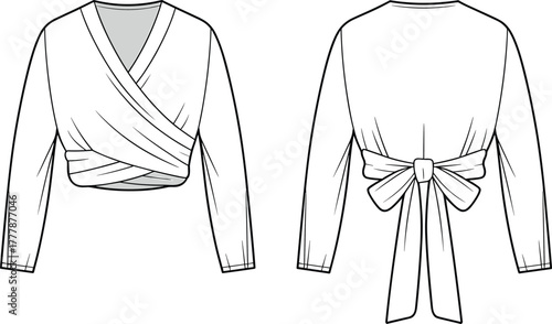 Fashion flat sketch of women’s wrap top with long sleeves, deep V-neckline, back bow tie, cropped fit design illustration template