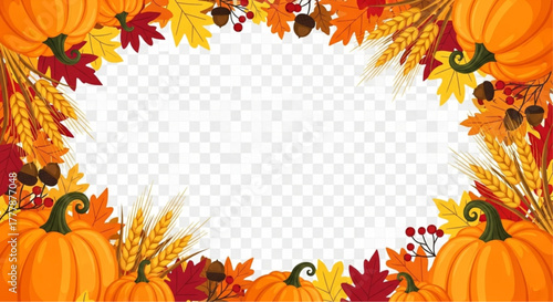 A vibrant, autumnal harvest frame of pumpkins, leaves, and wheat evokes the essence of Thanksgiving, framed with nature's warm hues. vector illustration