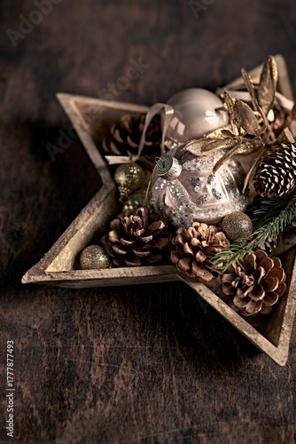 Vintage Christmas decorations on an old wooden background