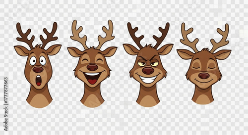 Whimsical cartoon reindeer heads with varied emotive expressions. vector illustration