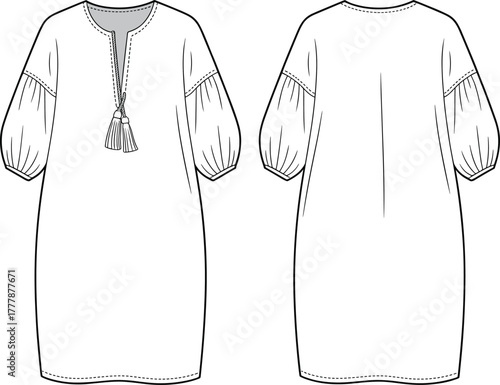 Fashion technical flat sketch of women’s tunic dress with puff sleeves, front tassel tie neckline, casual loose silhouette design illustration, apparel template