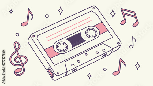 Retro cassette tape with music notes and sparkles floating around on a light background illustration