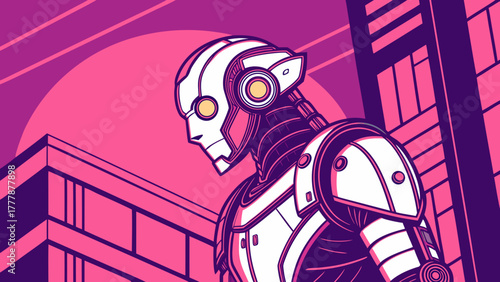 Illustration of a futuristic robot standing in a city with a pink and purple color scheme art