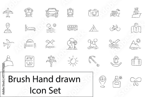Brush hand drawn icon set featuring various travel and tourism related symbols isolated on white background
