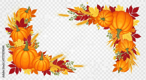Autumn pumpkins and foliage create a festive seasonal border perfect for autumn-themed design projects. This photo of is a visual celebration of the harvest. vector illustration