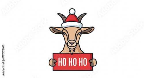 A charming goat embodies the festive spirit with a whimsical red hat and a 'Ho Ho Ho' sign, spreading joy and merriment. vector illustration