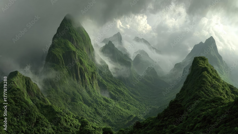 Fototapeta premium Emerald green mountains covered in dense forest, rising through mist and clouds. Concept Misty Mountains, Emerald Forest, Cloudy Peaks, Dense Foliage, Mountain Landscape
