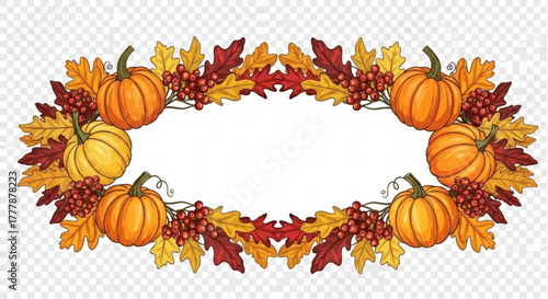 A festive autumn wreath showcasing a vibrant display of pumpkins and foliage, perfect for adding a touch of seasonal charm and capturing the essence of the harvest season. vector illustration