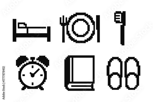 Daily essentials in retro pixel art: bed, meal, hygiene, time, reading, comfort