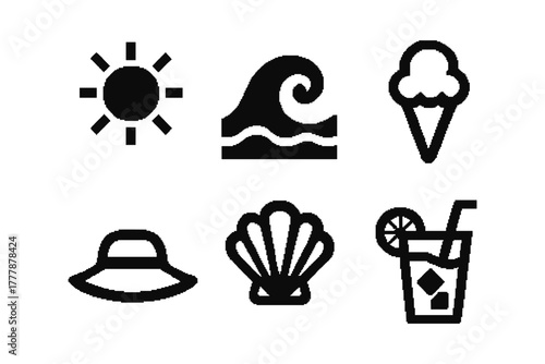 Summer icon set with sun, wave, ice cream, beach hat, seashell, and tropical drink
