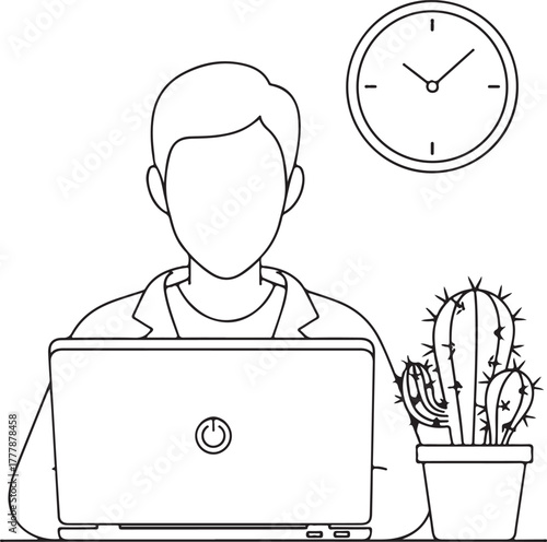A person working on a laptop, with a clock and a potted cactus on a