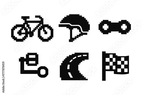 Pixel art cycling icons featuring bicycle, helmet, bike chain, and more