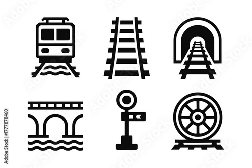 Transportation icons set: train, railway, tunnel, bridge, signal, wheel
