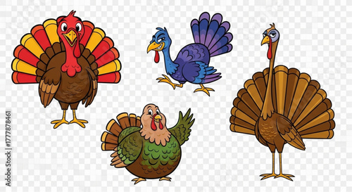 Four vibrant turkeys stand proudly, their colorful plumage displayed against a transparent background, the focus on turkeys in various poses that are perfect for illustration. vector illustration