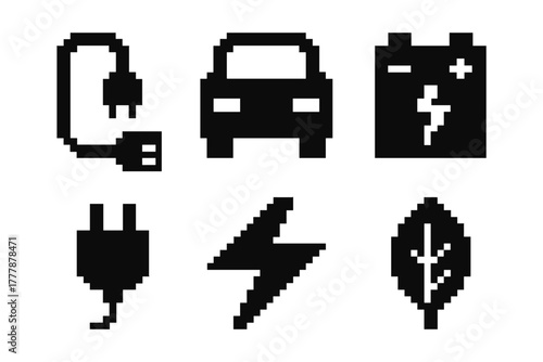 Pixel art icons of electric car charging and eco symbols