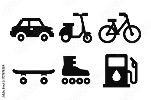 Silhouette icons of urban transportation: car, scooter, bicycle, skateboard, rollerblade, and fuel pump