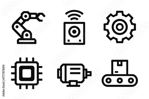 Outline icons of automation components including robotics and technology elements