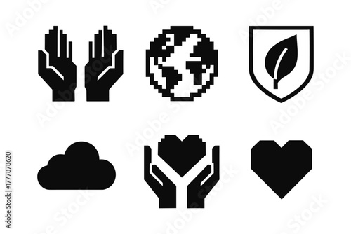 Pixel art icons of sustainability and nature in black and white