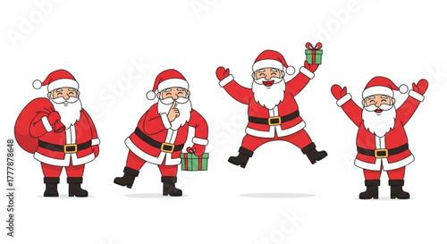 A collection of cheerful cartoon Santa Clauses in festive red outfits and white beards, full of Christmas joy and holiday cheer.  vector illustration