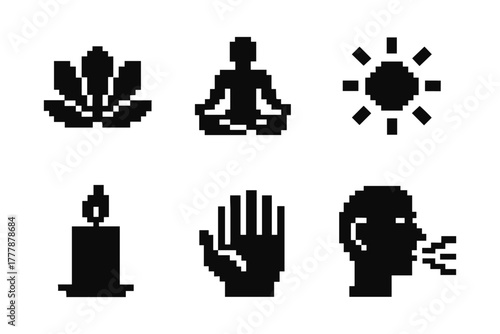 Minimalist pixel art meditation and mindfulness icons collection