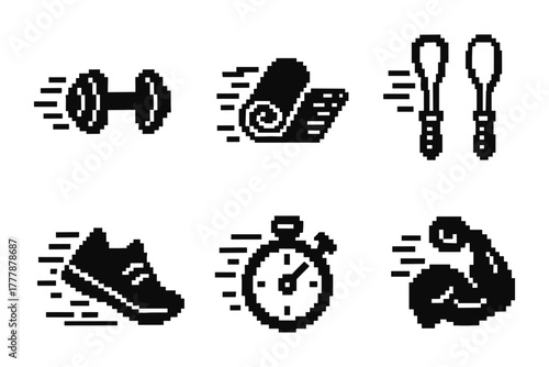 Pixel art fitness icons: dumbbell, yoga mat, jump rope, shoe, stopwatch, muscle