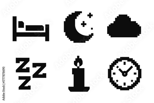 Retro pixel nighttime icons featuring bed, moon, cloud, sleep, candle, and clock