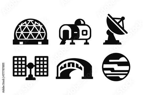 Space exploration icons featuring satellites, rovers, and planetary bases
