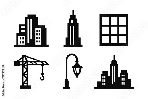 Urban silhouette set: buildings, crane, lamp, and grid icons for cityscape design