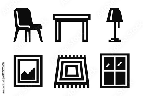 Minimalist home decor icons featuring furniture and accessories in monochrome style