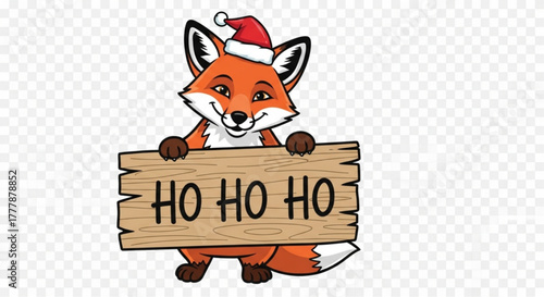 A cheerful fox, adorned in a festive Santa hat, holds up a wooden sign exclaiming Ho Ho Ho, embodies the joyful spirit of the holiday season. vector illustration